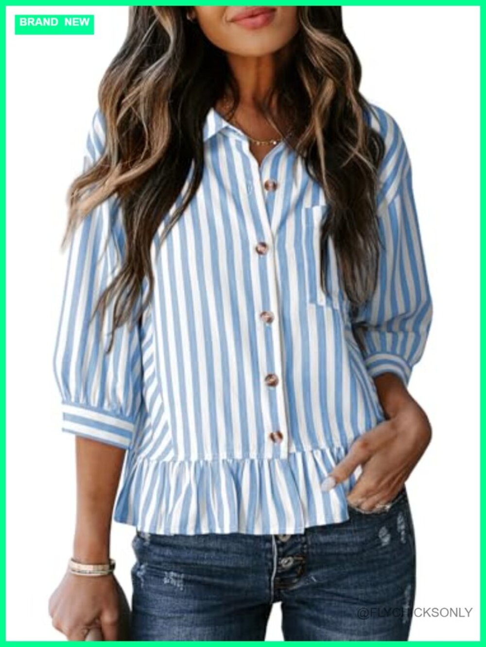 Women's 3/4 Sleeve Button Down Peplum Babydoll Top Striped Shirt